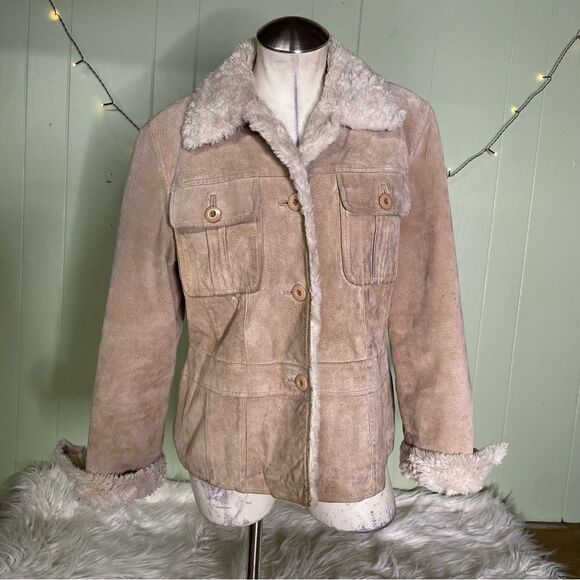 Vintage Y2K Sherpa Suede Coat Tan Barn Ranch Western Womens Large‎ - Picture 1 of 10